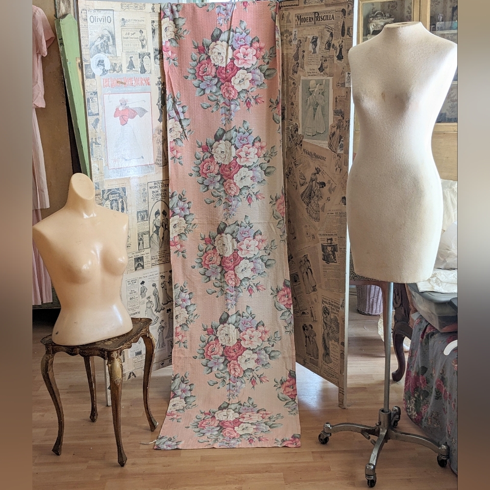 Original Faded Pink Barkcloth Cabbage Rose Bouquet Curtain Fabric 88 x 22